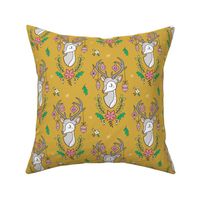 Christmas Deer Head with Ornaments & Floral on Mustard Yellow