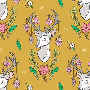 Christmas Deer Head with Ornaments & Floral on Mustard Yellow