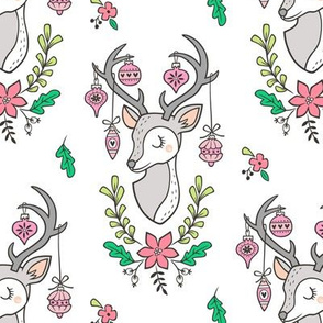 Christmas Deer Head with Ornaments & Floral on White