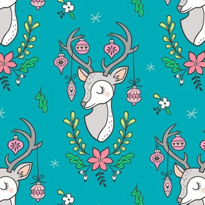 Christmas Deer Head with Ornaments & Floral on Blue Aqua
