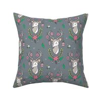 Christmas Deer Head with Ornaments & Floral on Dark Grey