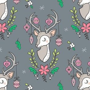 Christmas Deer Head with Ornaments & Floral on Dark Grey