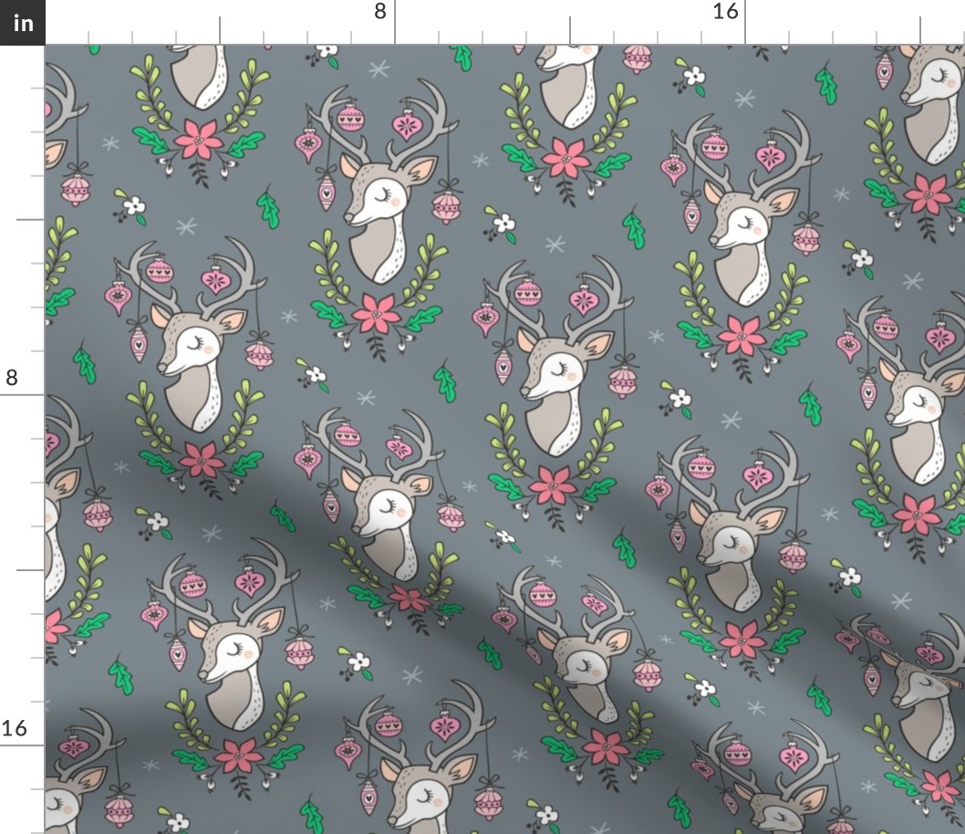 Christmas Deer Head with Ornaments & Floral on Dark Grey