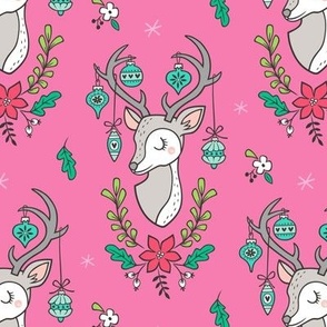 Christmas Deer Head with Ornaments & Floral on Dark Pink