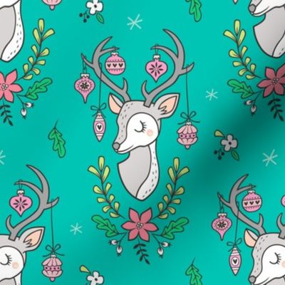 Christmas Deer Head with Ornaments & Floral on Dark Green Mint 