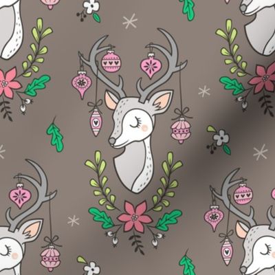 Christmas Deer Head with Ornaments & Floral on Dark Warm Grey