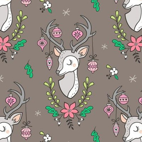 Christmas Deer Head with Ornaments & Floral on Dark Warm Grey