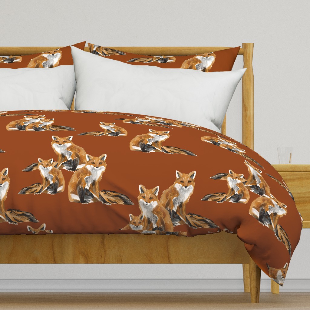 Friendly Foxes on Burnt Orange - Larger Scale