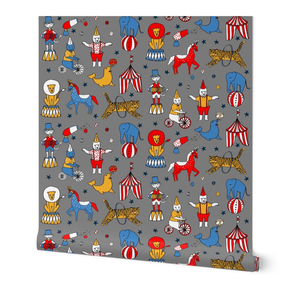 circus design // circus animals lion tiger elephant star stripes circus - grey