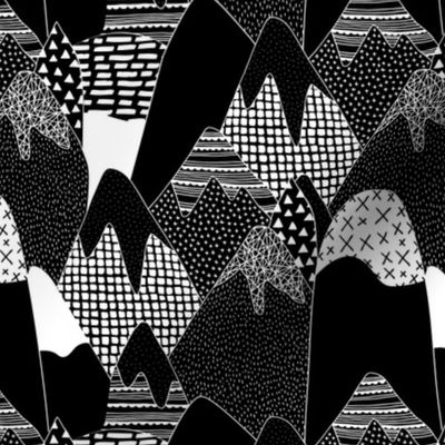 Abstract monochrome mountains landscape crosses texture pops paint and strokes spots black and white