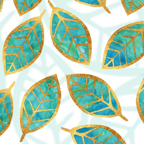 Teal and Gold Watercolor Leaves