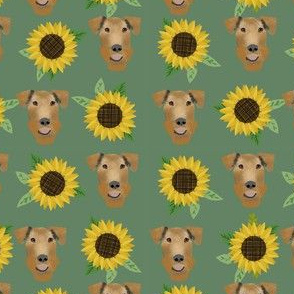 Airedale Terrier floral sunflowers cute dog fabric pattern green