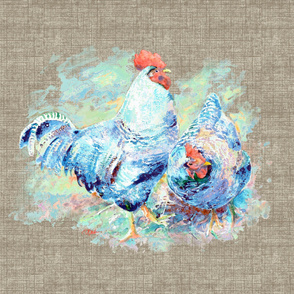 watercolor chicken pair on linen texture