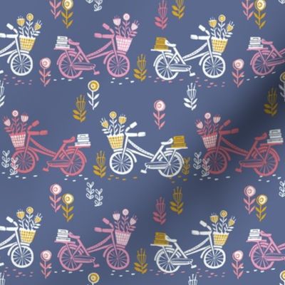 bicycle fabric // bicycle florals linocut design andrea lauren fabric - blue and pink