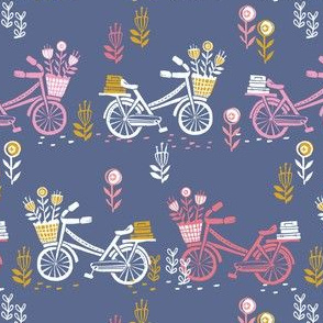 bicycle fabric // bicycle florals linocut design andrea lauren fabric - blue and pink