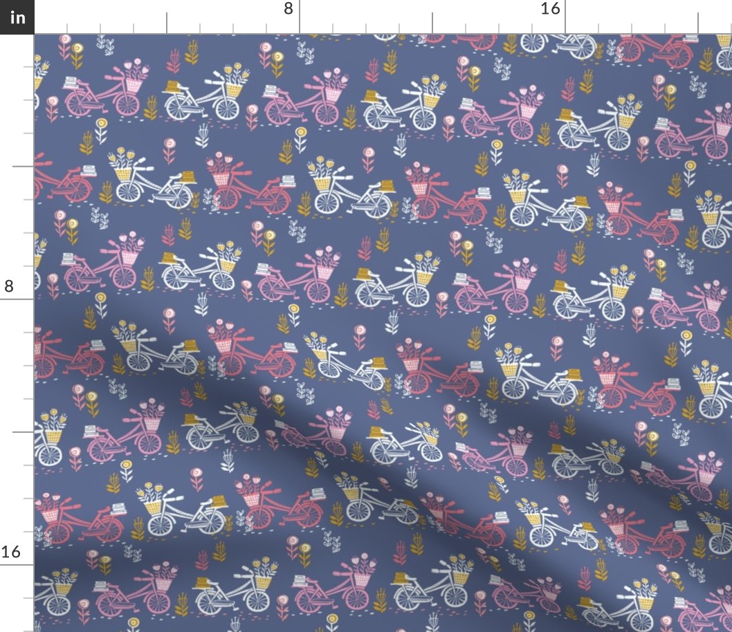 bicycle fabric // bicycle florals linocut design andrea lauren fabric - blue and pink