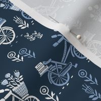 bicycle fabric // bicycle florals linocut design andrea lauren fabric - blue and navy