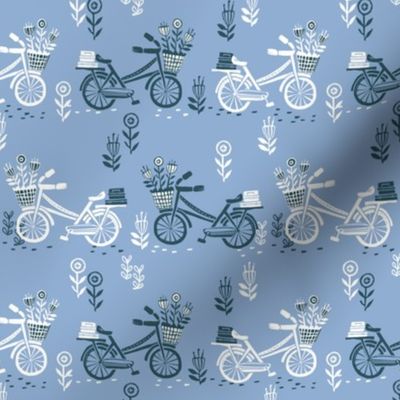 bicycle fabric // bicycle florals linocut design andrea lauren fabric - blue 