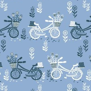 bicycle fabric // bicycle florals linocut design andrea lauren fabric - blue 