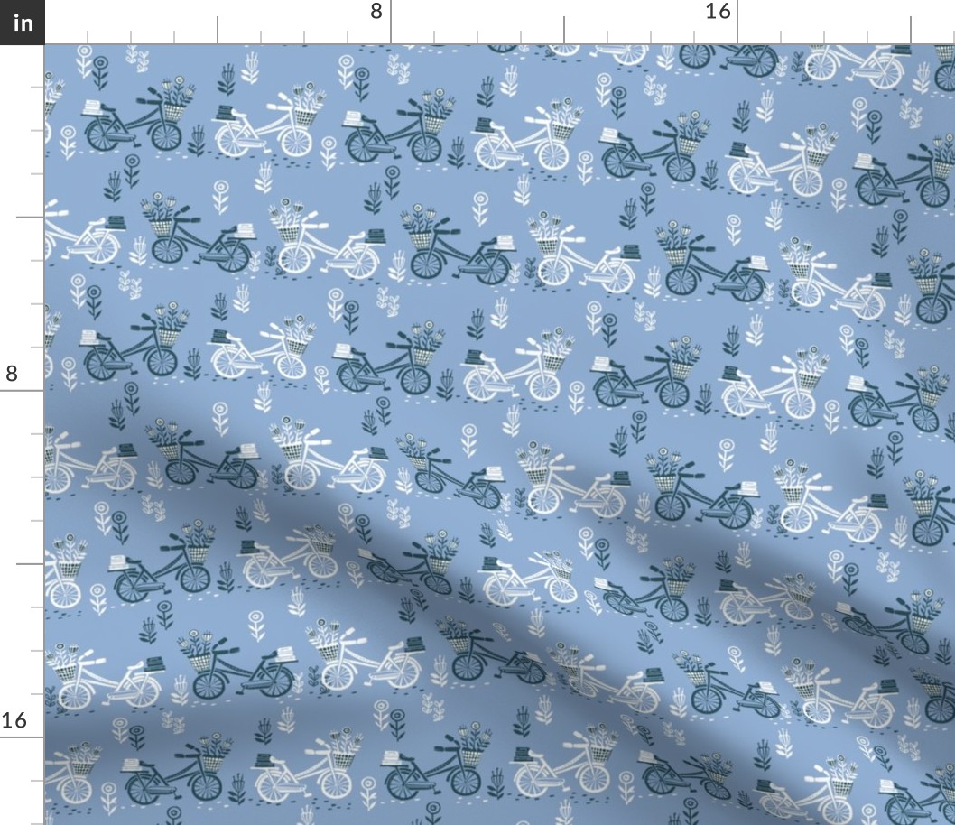 bicycle fabric // bicycle florals linocut design andrea lauren fabric - blue 