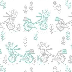 bicycle fabric // bicycle florals linocut design andrea lauren fabric - mint and grey