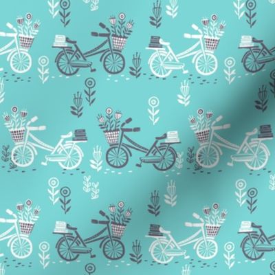 bicycle fabric // bicycle florals linocut design andrea lauren fabric - turquoise