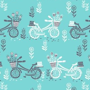 bicycle fabric // bicycle florals linocut design andrea lauren fabric - turquoise