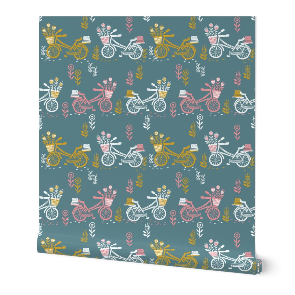 bicycle fabric // bicycle florals linocut design andrea lauren fabric - teal