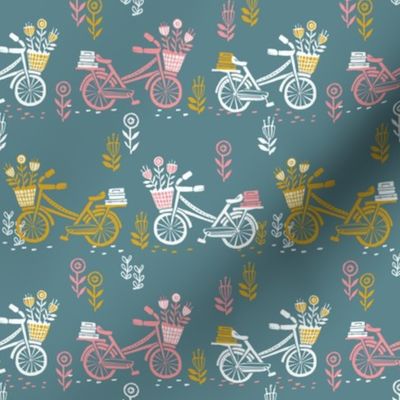 bicycle fabric // bicycle florals linocut design andrea lauren fabric - teal