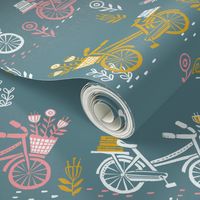 bicycle fabric // bicycle florals linocut design andrea lauren fabric - teal