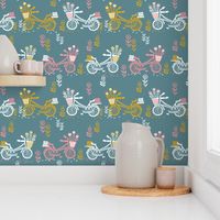 bicycle fabric // bicycle florals linocut design andrea lauren fabric - teal