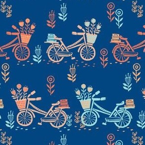 bicycle fabric // bicycle florals linocut design andrea lauren fabric - navy and coral