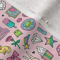 Patches Stickers 90's Doodle Unicorn Ice Cream, Rainbow, Hearts, Stars, Gemstones, Love and Flowers on Pink Smaller