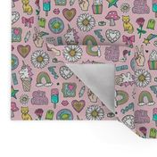 Patches Stickers 90's Doodle Unicorn Ice Cream, Rainbow, Hearts, Stars, Gemstones, Love and Flowers on Pink Smaller