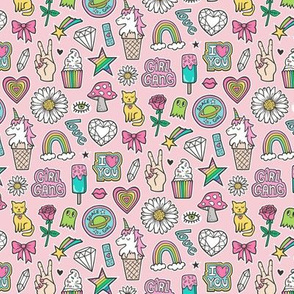 Patches Stickers 90's Doodle Unicorn Ice Cream, Rainbow, Hearts, Stars, Gemstones, Love and Flowers on Pink Smaller