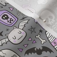 Halloween Doodle Skulls,Spiders,Skeleton,Bat, Ghost,Web, Zombies Purple on Dark Grey