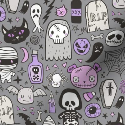 Halloween Doodle Skulls,Spiders,Skeleton,Bat, Ghost,Web, Zombies Purple on Dark Grey