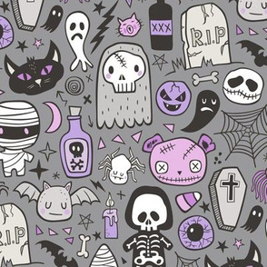 Halloween Doodle Skulls,Spiders,Skeleton,Bat, Ghost,Web, Zombies Purple on Dark Grey