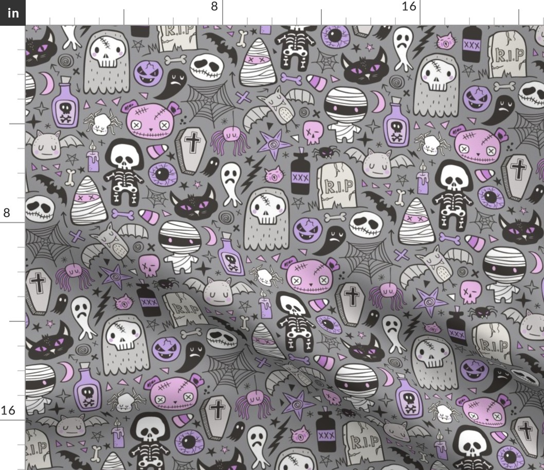 Halloween Doodle Skulls,Spiders,Skeleton,Bat, Ghost,Web, Zombies Purple on Dark Grey