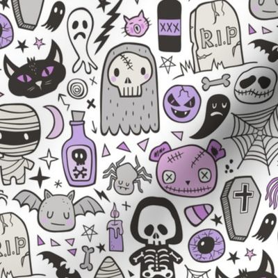 Halloween Doodle Skulls,Spiders,Skeleton,Bat, Ghost,Web, Zombies  Purple on White