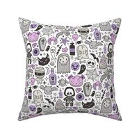 Halloween Doodle Skulls,Spiders,Skeleton,Bat, Ghost,Web, Zombies  Purple on White