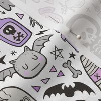 Halloween Doodle Skulls,Spiders,Skeleton,Bat, Ghost,Web, Zombies  Purple on White