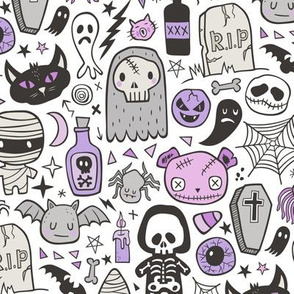 Halloween Doodle Skulls,Spiders,Skeleton,Bat, Ghost,Web, Zombies  Purple on White