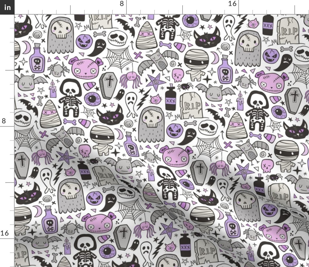 Halloween Doodle Skulls,Spiders,Skeleton,Bat, Ghost,Web, Zombies  Purple on White