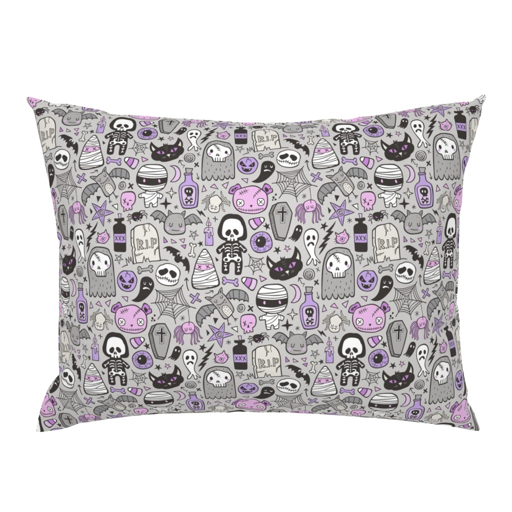 Halloween Doodle Skulls,Spiders,Skeleton,Bat, Ghost,Web, Zombies  Purple on Light Grey