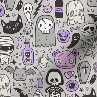 Halloween Doodle Skulls,Spiders,Skeleton,Bat, Ghost,Web, Zombies  Purple on Light Grey