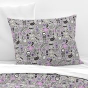 Halloween Doodle Skulls,Spiders,Skeleton,Bat, Ghost,Web, Zombies  Purple on Light Grey