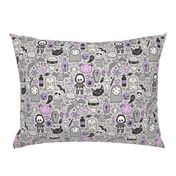 Halloween Doodle Skulls,Spiders,Skeleton,Bat, Ghost,Web, Zombies  Purple on Light Grey