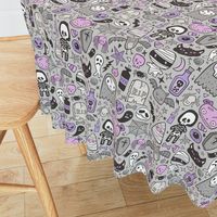 Halloween Doodle Skulls,Spiders,Skeleton,Bat, Ghost,Web, Zombies  Purple on Light Grey