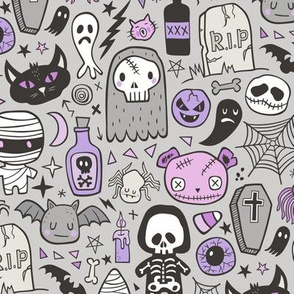 Halloween Doodle Skulls,Spiders,Skeleton,Bat, Ghost,Web, Zombies  Purple on Light Grey